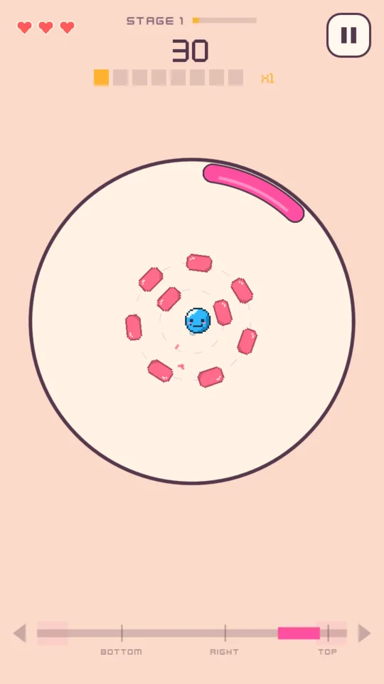 Gummo the gumball bouncing in the round candy-dish court, jelly bricks in the middle and the pink paddle on the rim.