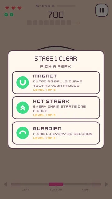 Stage 1 clear: three perk cards to pick from, each with a green badge, its name and what it does.